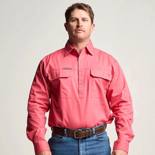 KILCOY | Mens Half Button Long Sleeve Work Shirt - Hibiscus Pink Thumbnail